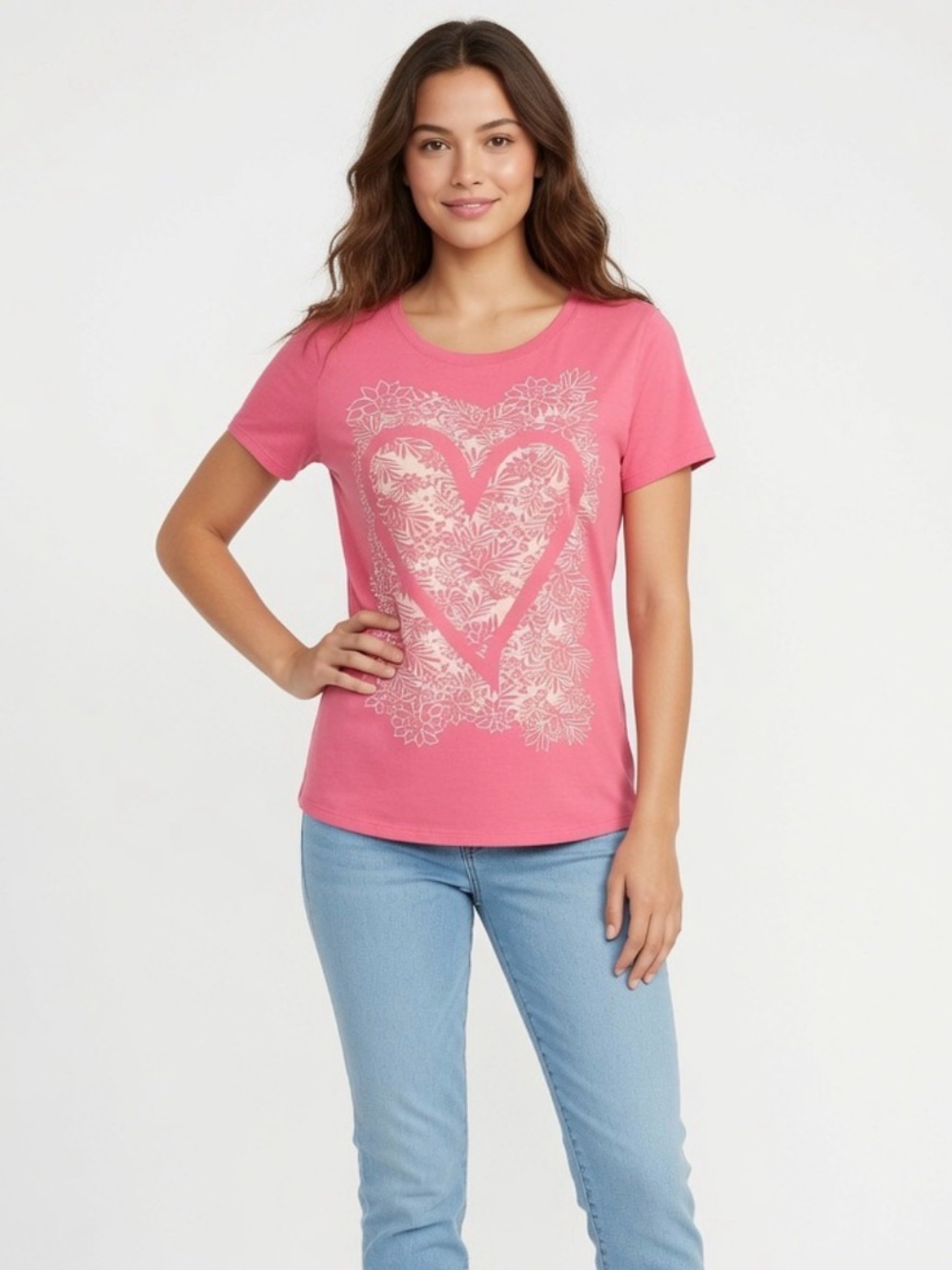 Old Navy Pink Floral Heart Graphic Tee Women’s Size Large 100% Cotton